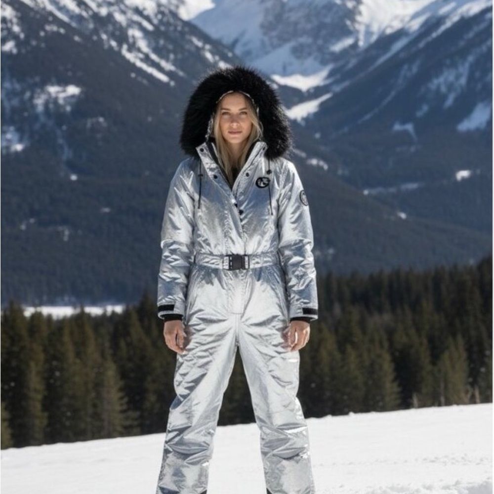 Tipsy Elves Silver Insulated Ski Jumpsuit with Black Faux Fur Hood